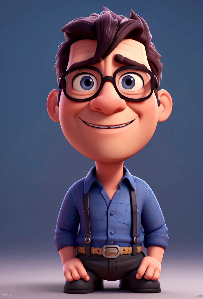 Cartoon character of a man in black glasses and blue shirt, an animated character, stylized character, animation style rendering, 3d stylized, Arnold Maya rendering, Stylized 3D rendering, toon render screenshot, 3d character, 3d character, Stylized 3D rendering, 3D character rendering, cartoon character, Personagem de close up, character posing, (Pixar-style) (master part:1.2) (bokeh) (best qualityer) (skin detailed) (detailed texture) (8K) (Argilla) (cinematic lighting) (sharp focus，Sit down and lift your upper body