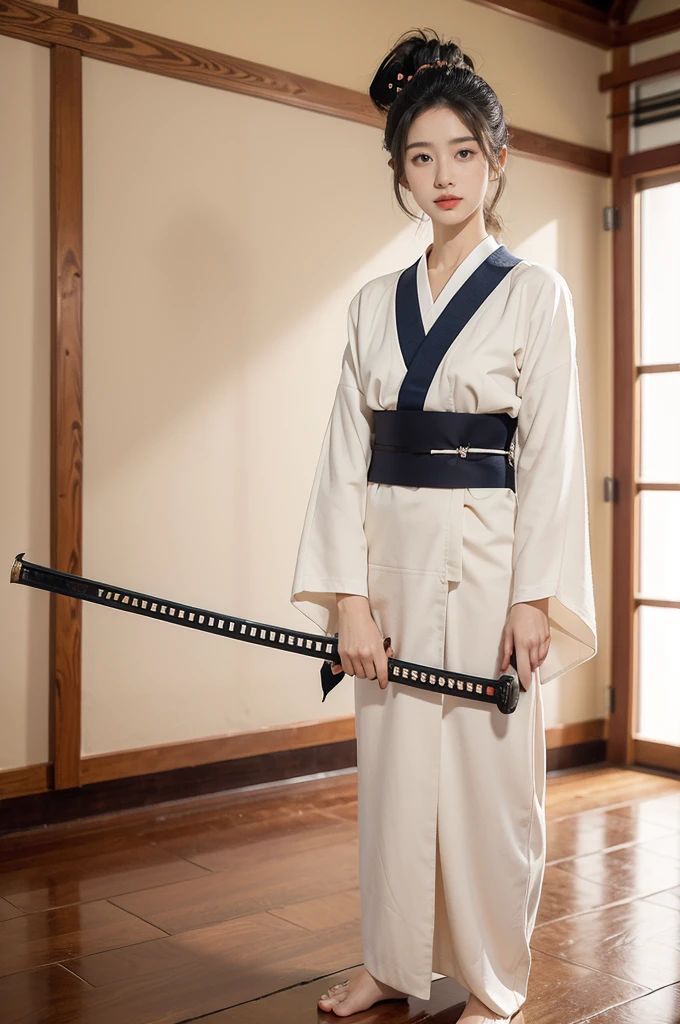(((best quality))),(((ultra detailed))),(((masterpiece))),illustration,1girl,solo,short ponytail,slim,thin,small breasts,flat chest,white collar,white kendogi,three-quarter sleeves,maxi navy-blue kendo hakama,standing in kendodo gym,(holding a wooden samurai katana in hand:1.3),arms behind back,focused and determined expression,ready for challenge,slender and elegant face,confident and resilient,fair skin,blush,neat teeth,bright smile,clean and tidy uniform,wooden gym floor,wall,pine scent,standard grip,ready to slice through obstacles,strong belief,determination,spirit of resilience,admiring,from front,full body,bare feet