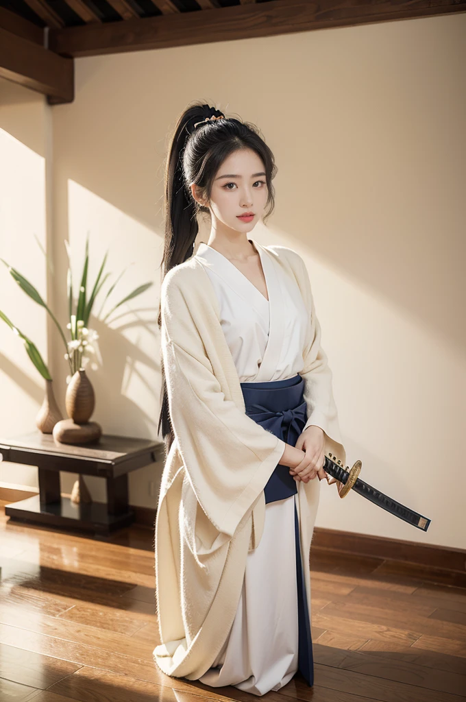 (((best quality))),(((ultra detailed))),(((masterpiece))),illustration,1girl,solo,short ponytail,slim,thin,small breasts,flat chest,white collar,white kendogi,three-quarter sleeves,maxi navy-blue kendo hakama,standing in kendodo gym,(holding a wooden samurai katana in hand:1.3),arms behind back,focused and determined expression,ready for challenge,slender and elegant face,confident and resilient,fair skin,blush,neat teeth,bright smile,clean and tidy uniform,wooden gym floor,wall,pine scent,standard grip,ready to slice through obstacles,strong belief,determination,spirit of resilience,admiring,from front,full body,bare feet