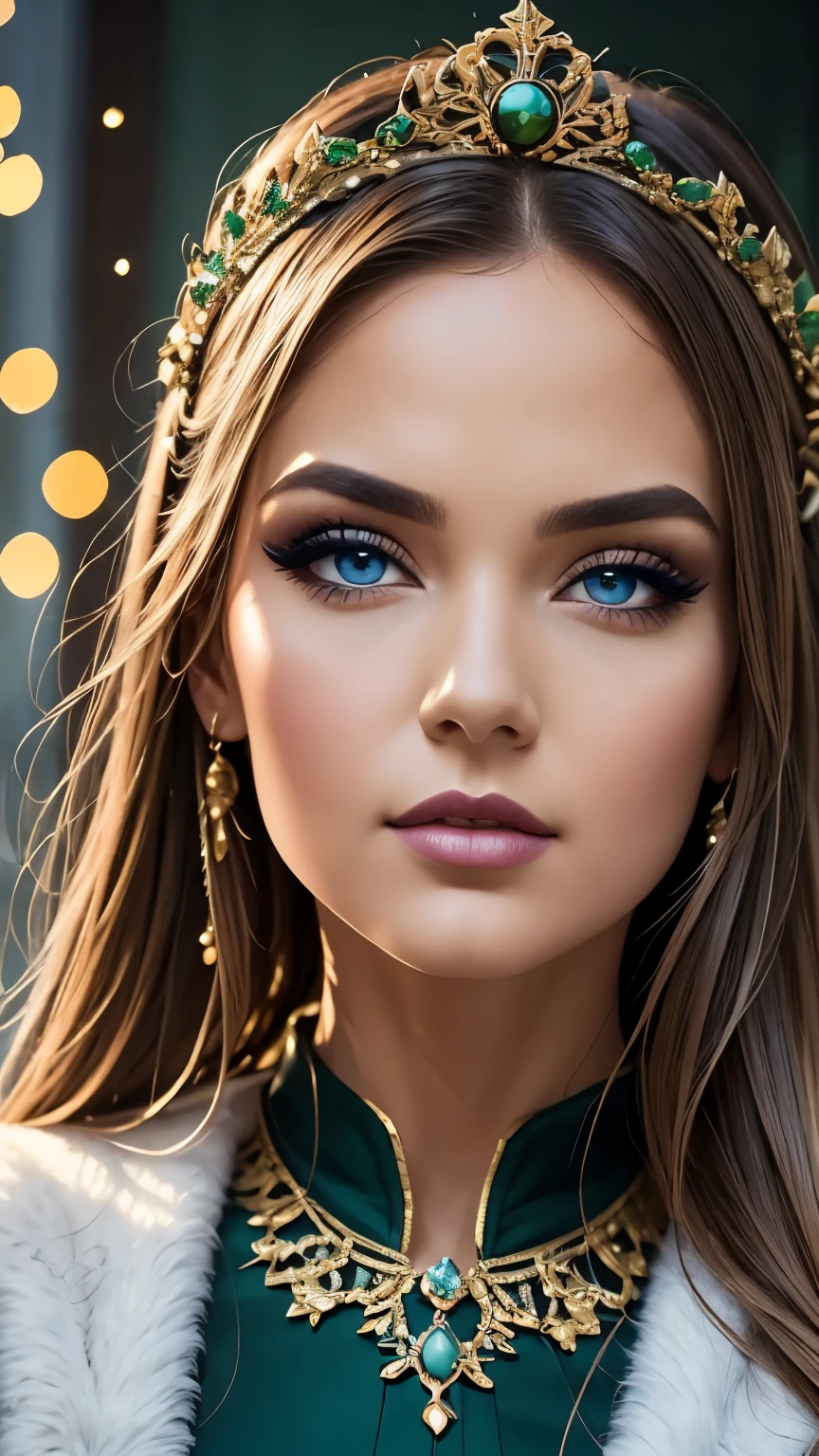 a beautiful empress portrait, blonde hair, perfect blue eyes, with a brilliant, impossible striking big Christmas headpiece, clothes Santa robes, everything Christmas, snow, symmetrical, dramatic studio lighting, rococo, baroque, greens, asian, hyperrealism, closeup, D&D, fantasy, intricate, elegant, highly detailed, digital painting, artstation, octane render, 8k, concept art, matte, sharp focus