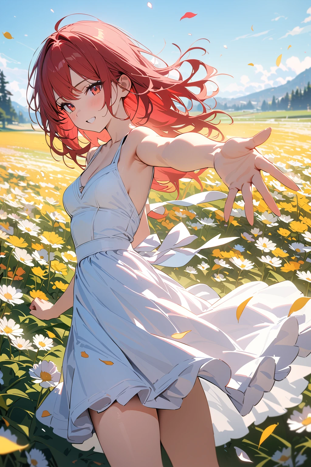 (masterpiece, best quality:1.5), (ultra detailed, high resolution, 8k, beautiful detailed, UHD, best anatomy), red hair, flat breasts, 1 cute girl, knee-length dress, Flower fields spread over meadows, got his hands outstretched, Petals are dancing in the wind