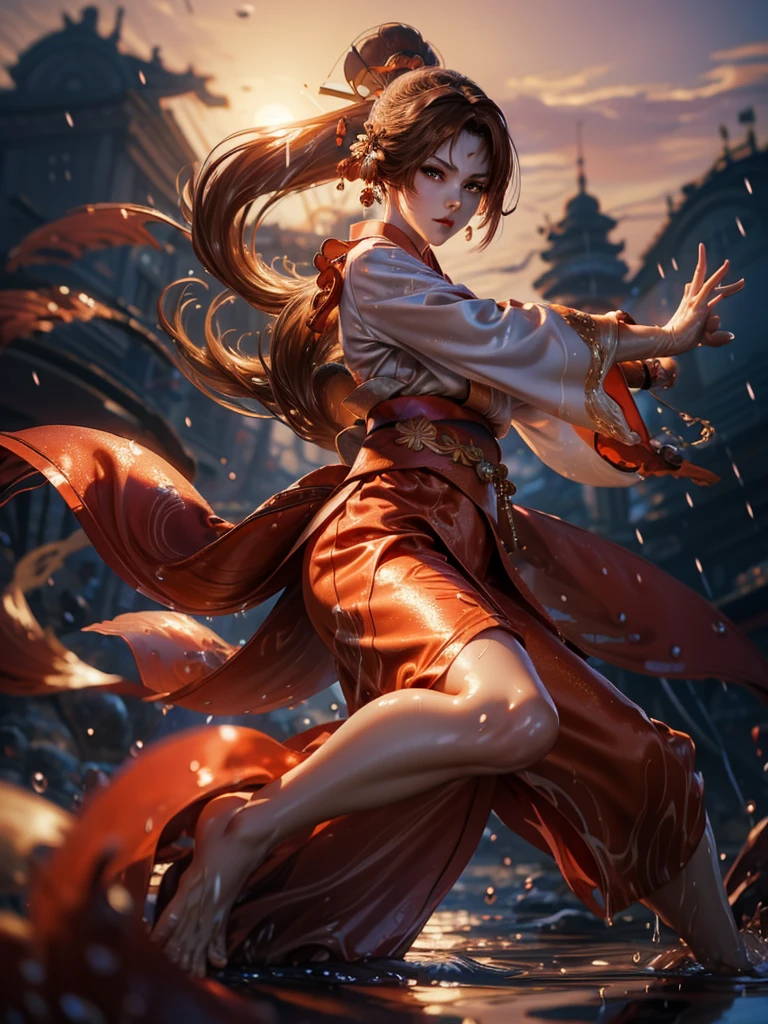 (exquisitely detailed CG unity 8k wallpaper, masterpiece-quality with stunning realism), (best illumination, best shadow), (best quality), (elegant style:1.2), Arti modern anime. angled view, heroic pose, (cel-shading style:1.3), centered image, ultra detailed closeup portrait of (Mai Shiranui:1) from (King of Fighters), best quality, expressive eyes, perfect face, highres, (ultra details), 1 girl, solo, (brown hair:1), hair ornament, eyeshadow, (gold, white and mainly red qipao:1), highly ornamented, (in Tokyo City:1), portrait, looking at the viewer, piercing eyes, full body, (light from the angle:1) (wind blowing:1.2).(depth of field effects:1.3) (motion action:1.2) (closeup:1.2) (motion blur effects:1), Thin to transparent,see-through, (((Soggy-kimono:1.2))),Lace fabric, (((water-immersed body: 0.9))), jewellery, (holding an oriental fan on fire:.8), (asian face:1), nail polish, makeup , (fighting attack pose:1.2), (spinning turning around:1), (clothing on fire with flames:1) (martial arts stance:1.2)