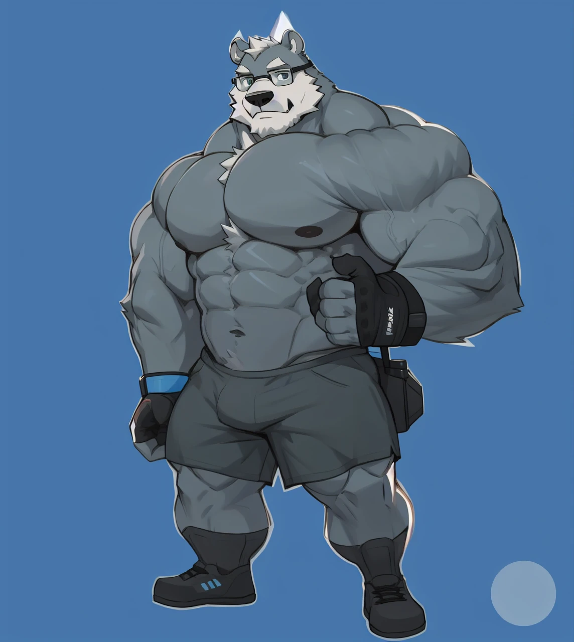 solo, 1boy, Huge Muscular White Polar Bear wearing glasses, huge white fur, pectoral, huge pectoral, wide pectoral, short white hair, blue colored short pants, blue colored wristbands and shirtless and topless, white bearded, white Mustache, white fur, simple background, masterpiece, high detailed, 8k, high resolution, at the gym, flexes huge muscles
