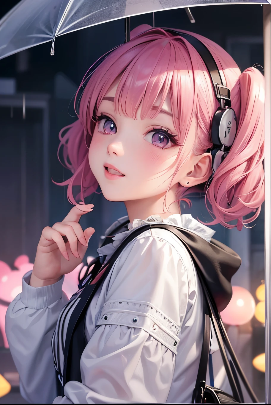 masterpiece, best quality, highly detailed, high resolution, expensive resolution, high resolution, 4k, 8k, uniform 8k wallpaper, highly detailed CG, masterpiece, 2d, 3d, beautiful details, depth, fine texture, best quality: 1.3, perfectly focused, sharp. skin, him, very cute anime girl, her name is Mei, short pigtails, idol, in the rain, expensive pink short pigtails, mole under eye, looking at the viewer, expensive, blush, mole, open lips, pink eyes, heart shaped choker, smiling face