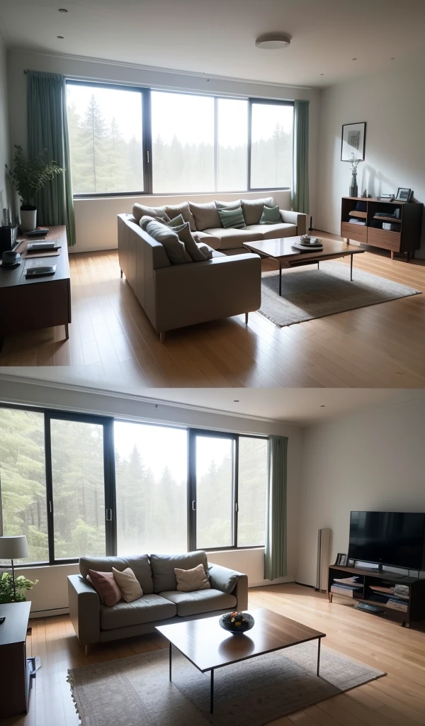 A minimalist interior design of a modern living room with Scandinavian furniture and large windows overlooking a forest.