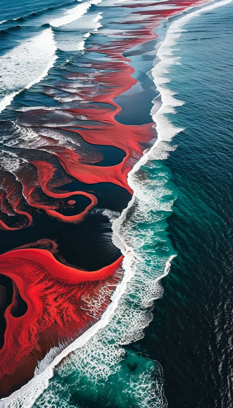 Top view，Black sand beach，Red Wave