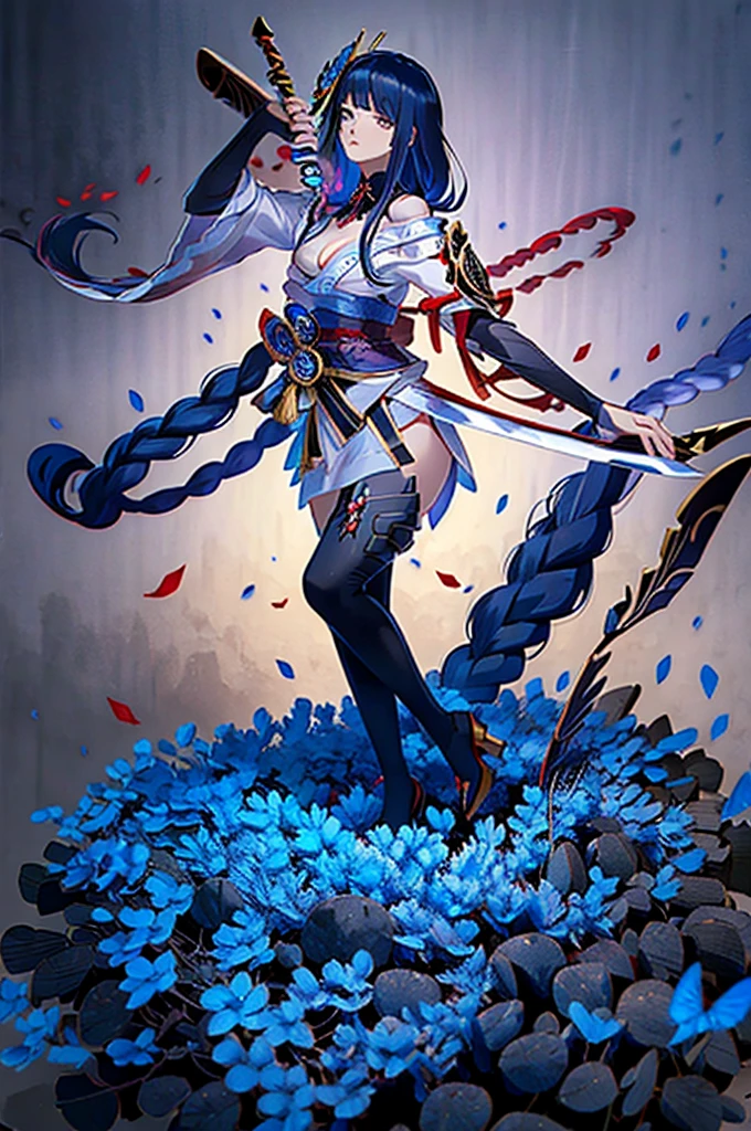 A beautiful girl with long black hair and bright blue eyes is dressed in a beautiful long red closed dress. She holds a sharp sword in one hand, while in the other he holds a buffalo artifact. Several red butterflies fly around you. The girl is portrayed in full body, in a detailed realistic style.