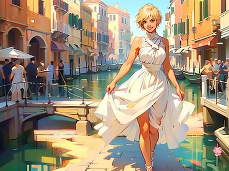 Venice, Italy. Athletic blonde woman, (short hair), tomboy, cute, ((smile)), White sundress, wedge heels, light makeup. Masterpiece, best quality,(highly detailed:1.2),(detailed face and eyes:1.2), 8k wallpaper, natural lighting. core shadows, high contrast, bokeh, depth of field,(rule of thirds).