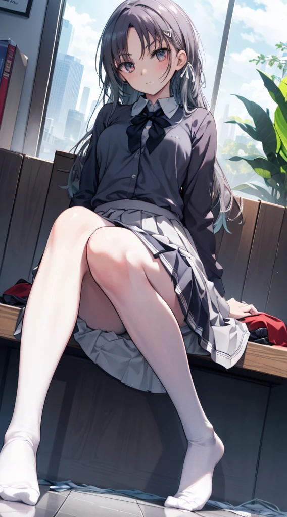 Check it out, Check Inoue, Cabello long, Front hair, black hair, (Purple eye:1.2), Blake shirt, long sleeve, One piece, Love, Uniforme school, Camisa white, collared shirt, Waist bag, Ribbon collar, One piece green , Love green, Dress with pleats, Grey dress, two tone dress, Cinturón green, Uniformly about Lycoris, Higher quality, high resolution, unity 8k wallpaper, (illustration:0.8), (Beautifully detailed eye:1.6), very detailed face, perfect lighting, Very detailed CG, (perfect hands, perfect anatomy), the entire body from head to legs, Full body esbian, thin legs, big breasts, sit on the floor, put it on the ground, face up, legs open, cross the front. , Composition from below, Place your legs in an M shape, Taking panties, Sitting on the inner thighs, Siéntese en el suelo con las rodillas dobladas y las legs open, positive, Lower body is positive, and 8K, the highest quality, real image, intricate details, super detailed, super high resolution, depth field, (fotorrealist, realist: 1.2), Masterpiece, 0.25 :: foreground, direct plane, from the middle, 1 girl, eat_Chan, very beautiful girl, entire body from head to legs, Full body esbian, I feel a little tension, Look likes grandes e inocentes ex_For the_short), (Look like_green: 1.0), (For the frontal), disheveled hair, (hair clips), pose sexy, sweat fascinante, soaked body , Lencería white pura, perfect skin y brillante, perfect skin, piel white clara, small breasts, narrow waist, light blush, Alone, looking at the viewer, light smile, five perfect fingers, little toes, sweat, Dressing ((uniform_school), ( Skirt_white),(tie_long_green),(Skirt_pleated_green),(pantisocks_black:1.2), up to the knee,socks,pure white pantielack_wear bragas whites dentro de las socks,wear brag