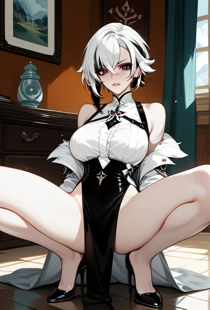 arlecchino, genshin impact, mature woman, mature face, hot face, emotionless face, sharp eyes, (cool beauty), white hair, mature body, dominant, living room, crouching, spreading legs