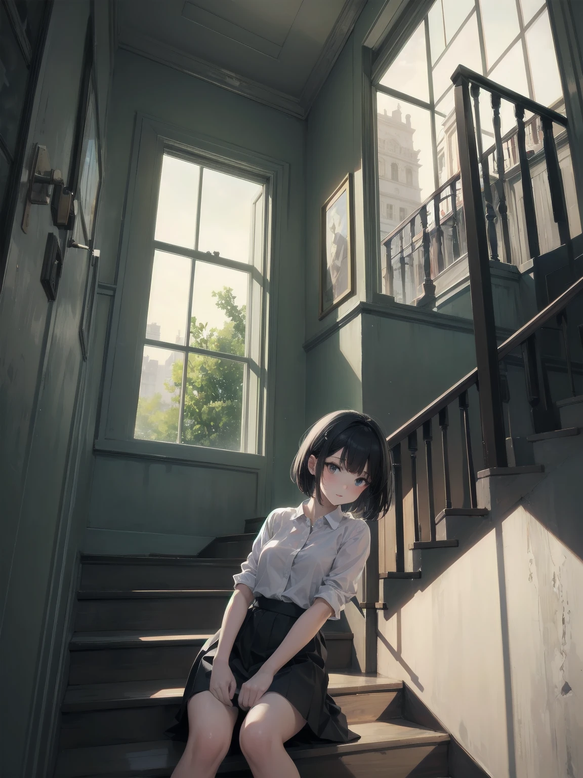 masterpiece, best quality, ultra-detailed, illustration,
1girl, , black hair, skirt , short hair, white shirt, 
kaidan, stairs, scenery, window, 