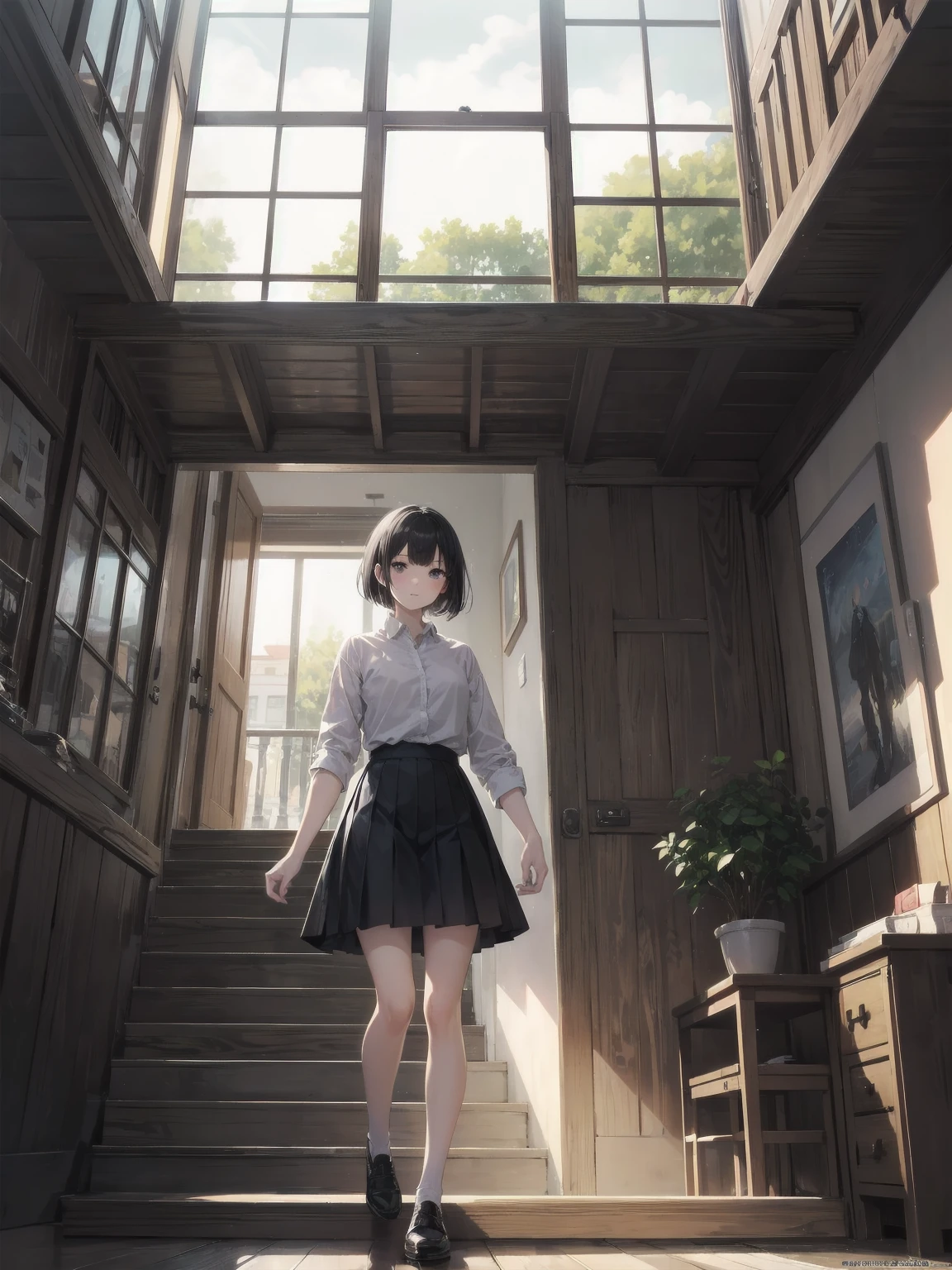 masterpiece, best quality, ultra-detailed, illustration,
1girl, , black hair, skirt , short hair, white shirt,
kaidan, stairs, scenery, window,