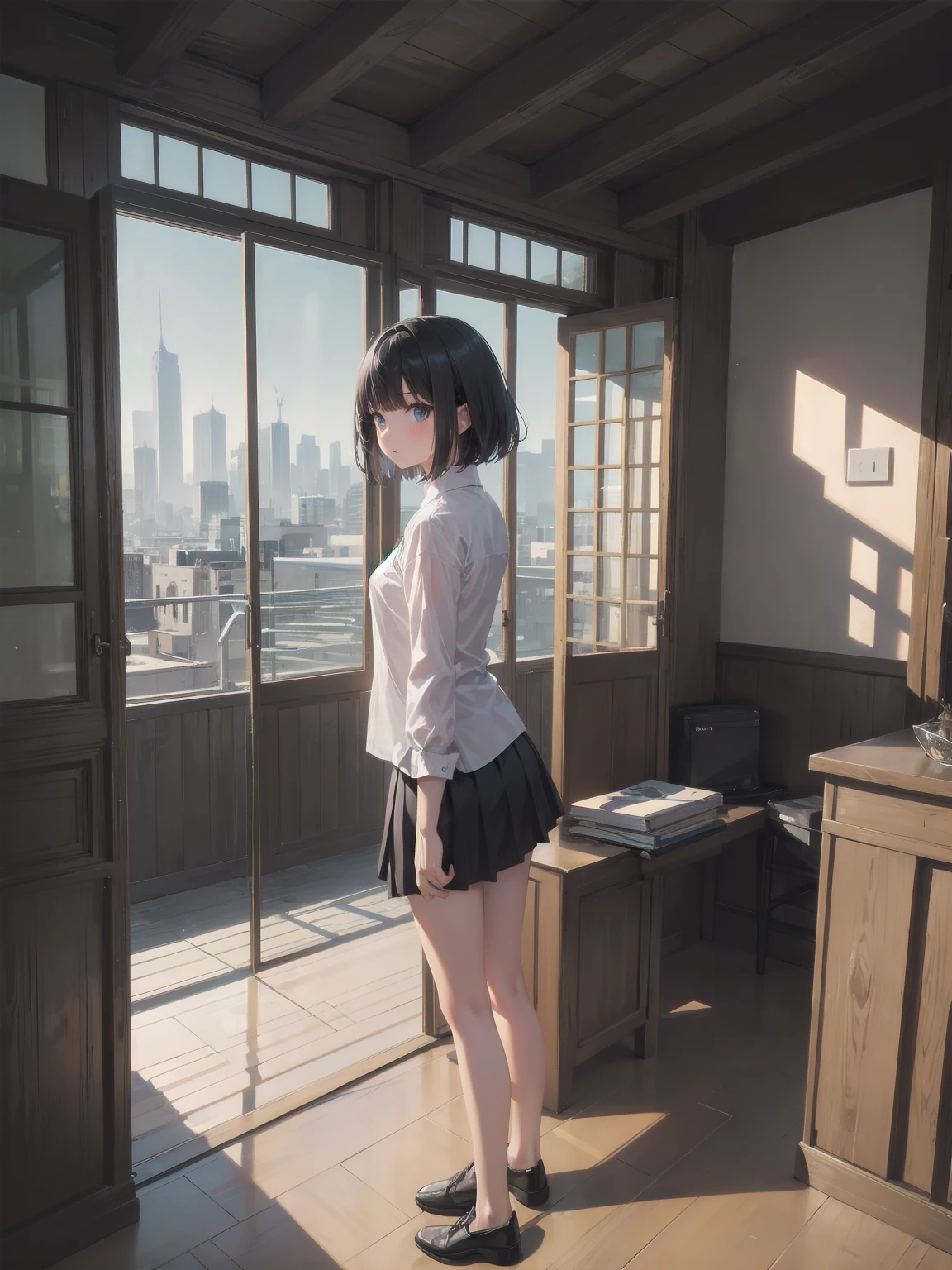 masterpiece, best quality, ultra-detailed, illustration,
1girl, , black hair, skirt , short hair, white shirt,
kaidan, stairs, scenery, window,