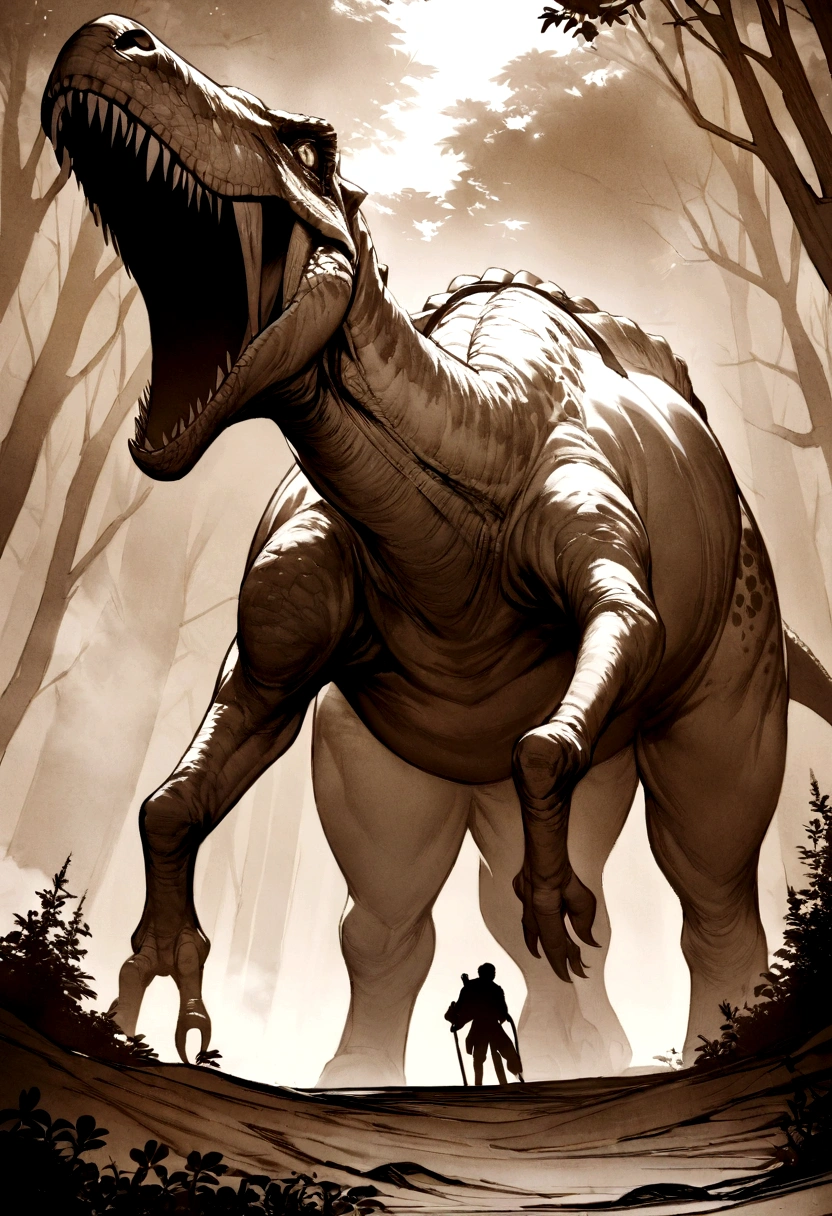 (Very detailed, masterpiece, Best Quality, Apply sepia), Walker with backpack. great forest, fort marlborough . giant dinosaur climbing a tree. Hawthorn. Daylighting. black and white image.