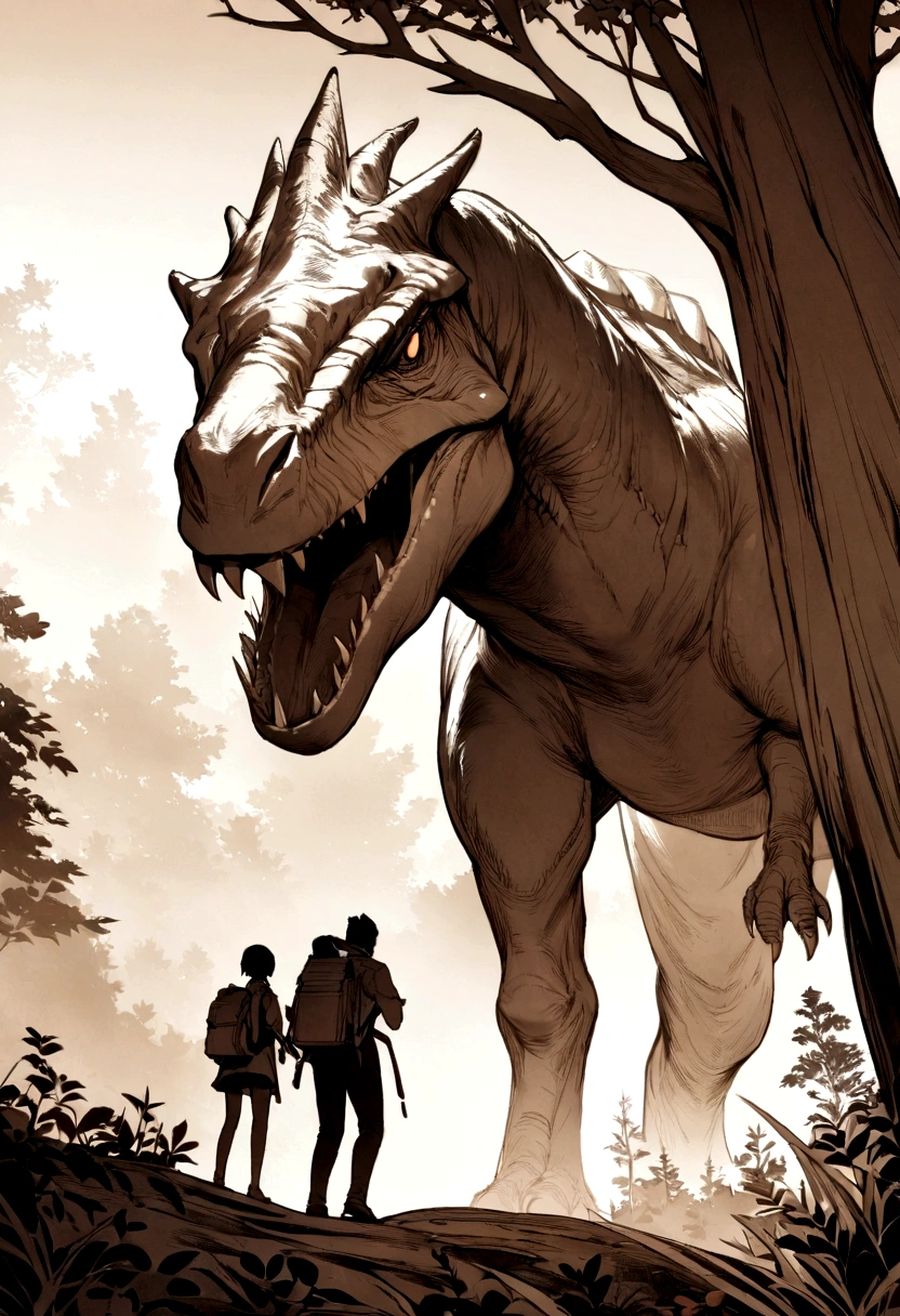 (Very detailed, masterpiece, Best Quality, Apply sepia), Walker with backpack. great forest, fort marlborough . giant dinosaur climbing a tree. Hawthorn. Daylighting. black and white image.