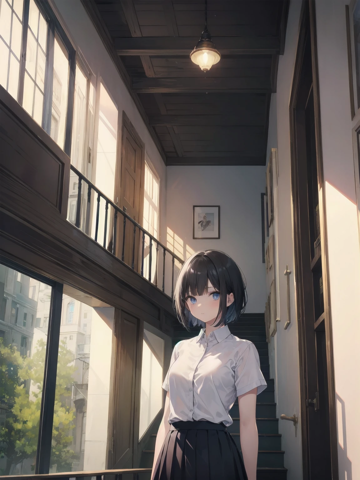 masterpiece, best quality, ultra-detailed, illustration, 1girl, , black hair, skirt , short hair, white shirt, kaidan, stairs, scenery, window,
