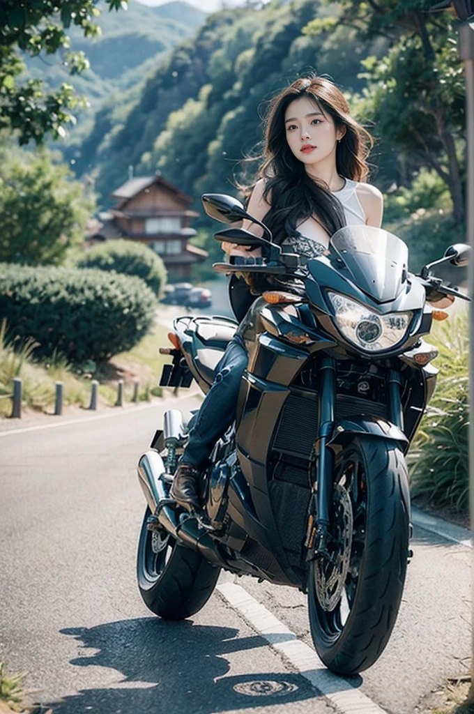 (Motion effect:1.5)、（Motion blur:1.4）parchment、absurderes、Hyper-Resolution、ultra - detailed、（bokeh dof:1.8）、Accurate depiction、Beautiful depiction、down view、beuaty girl、big breasts thin waist、The roar of a motorcycle engine、
Challenging the moment of winding roads。
The wind caressed my hair、The landscape unfolds vividly
Asphalt tracks、Free invitation。

Winding road、Fluctuations in elevation differences
The rider's heart beats with adrenaline。
Go through the curve、Walk through the valley
Natural beauty、The attraction continues。

The blue of the sky、mont々Green、River flow
《Winding road》poetry。
Motorcycles and riders、Become one
 and adventure、Illuminate the mind。