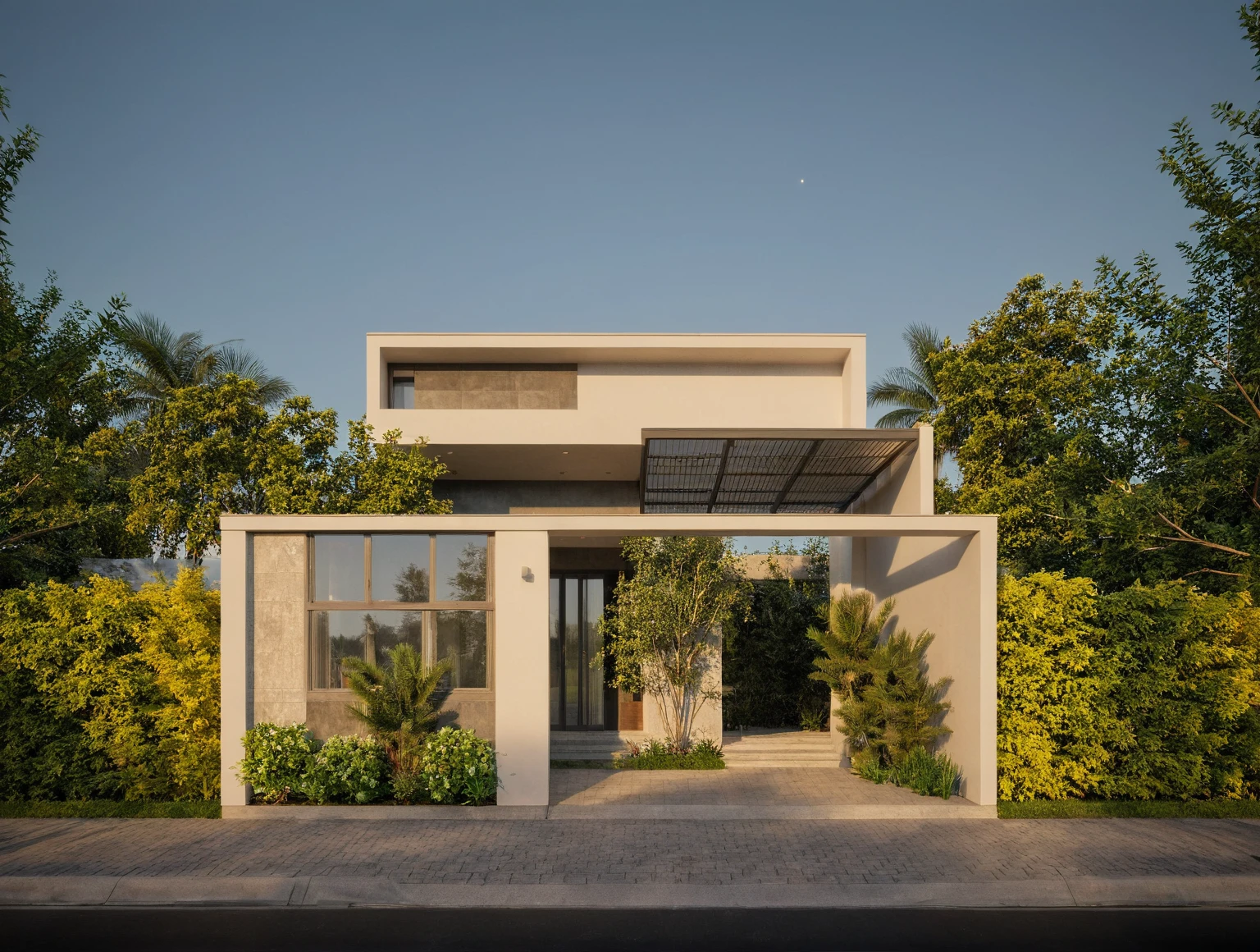 villa modern,night, Realistic, exterior, sunlight, house, RAW photo, 8k uhd, dslr, (high detailed skin:1.3), soft lighting, ultra quality, film grain, Fujifilm XT3, sharp image, best quality, authentic, hight quality,