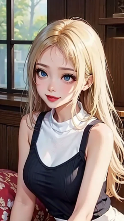 blush a little and smile, (Top quality masterpiece:1.2) Delicate illustrations, Very detailed, /Beautiful Japanese Women、1 person,Very cute and slim、Great style 、((8K images、super high quality))、Very delicate face, Skin and Hair、beautifule forehead、Red lipstick、(((((Mid-length hair、Blonde、lure))))),Very cute Japanese cut face、Eyes and nose are clearly visible、Kind eyes,((((Sleeveless fashion))))