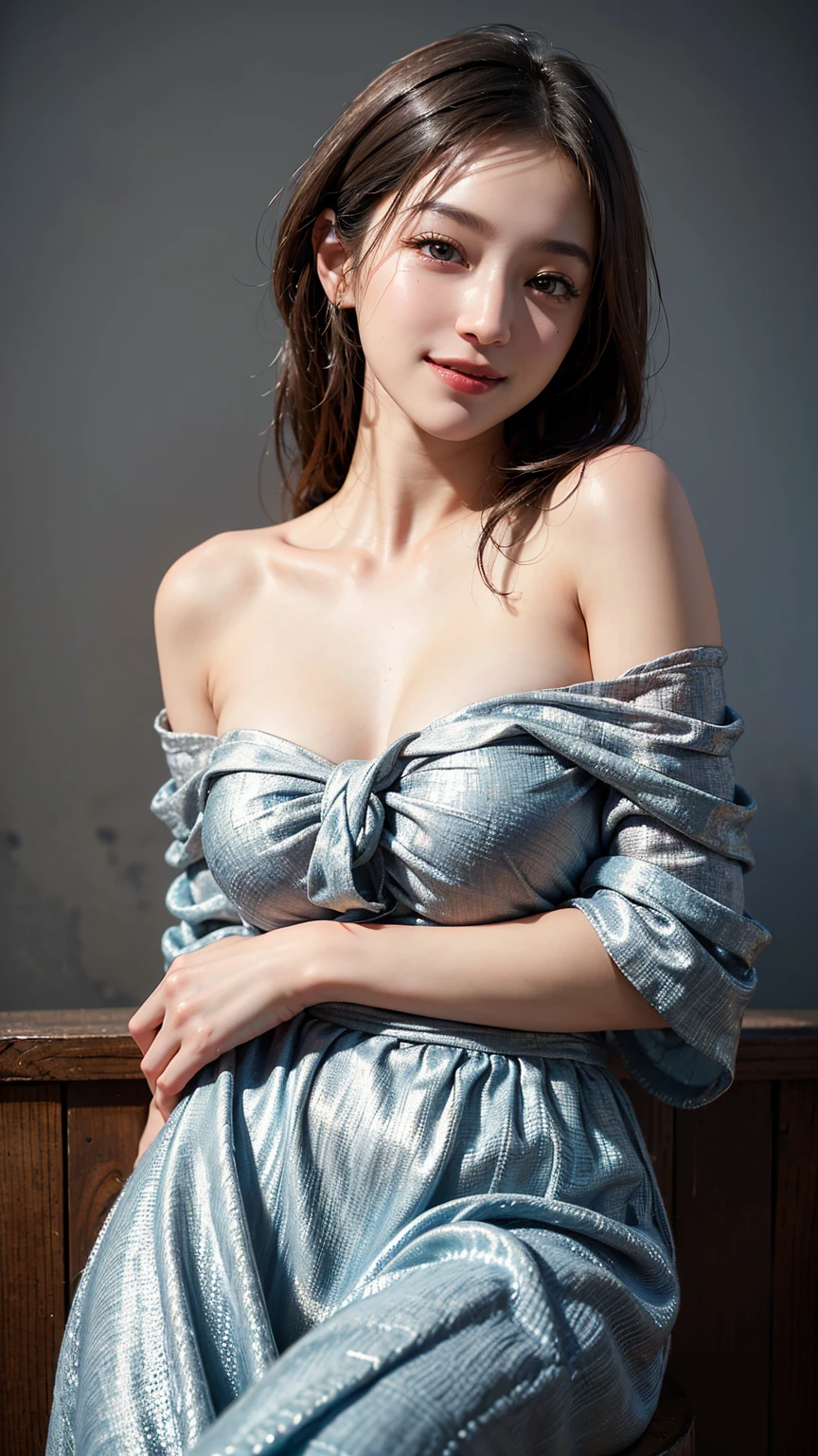 (Highest quality,masterpiece,Ultra-high resolution,(Realistic:1.4),RAW Photos,One girl,Off the shoulder,Look at me and smile、 dark,Deep Shadow,Modest,Cold Light)