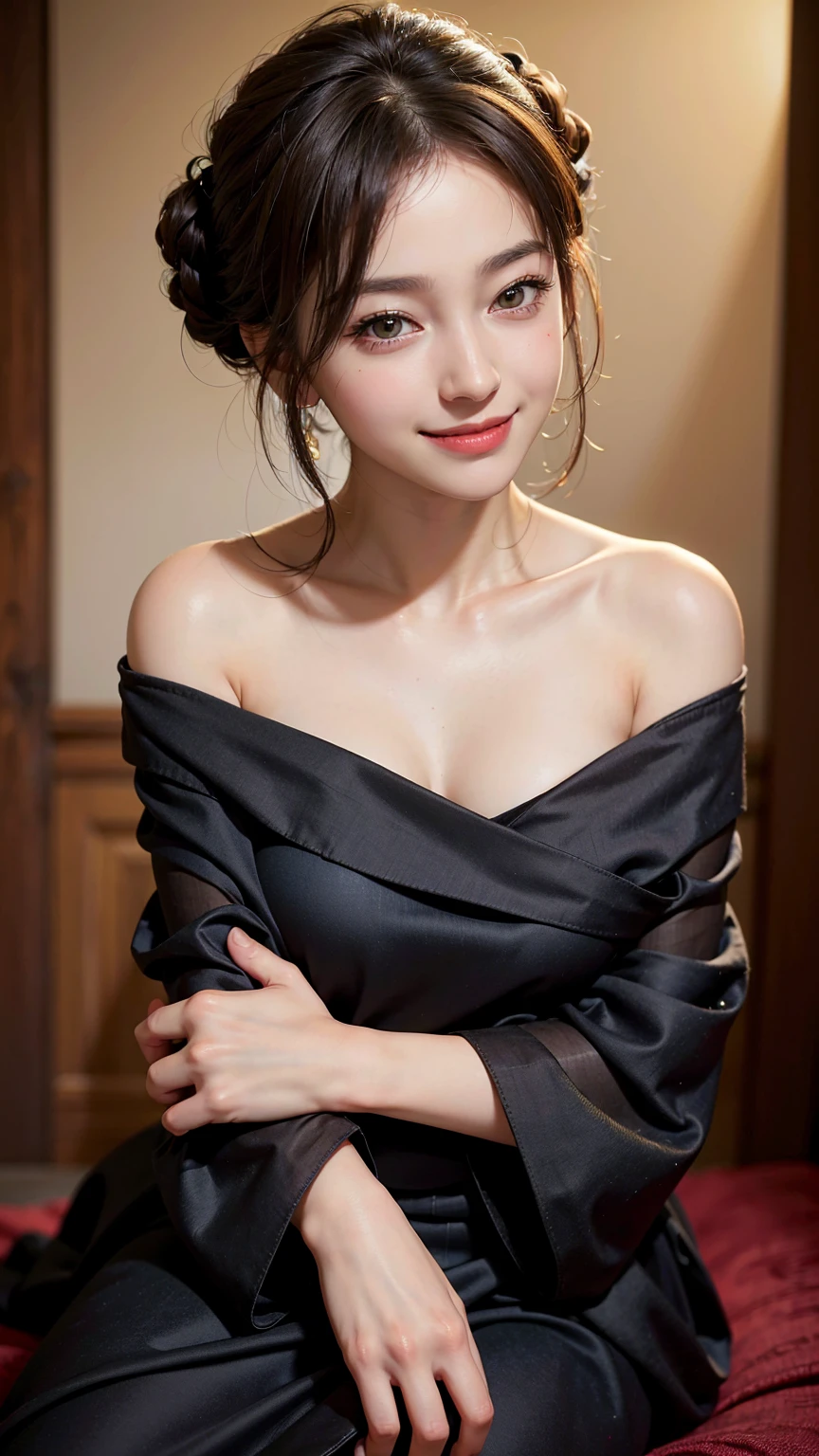 (Highest quality,masterpiece,Ultra-high resolution,(Realistic:1.4),RAW Photos,One girl,Off the shoulder,Look at me and smile、 dark,Deep Shadow,Modest,Cold Light)