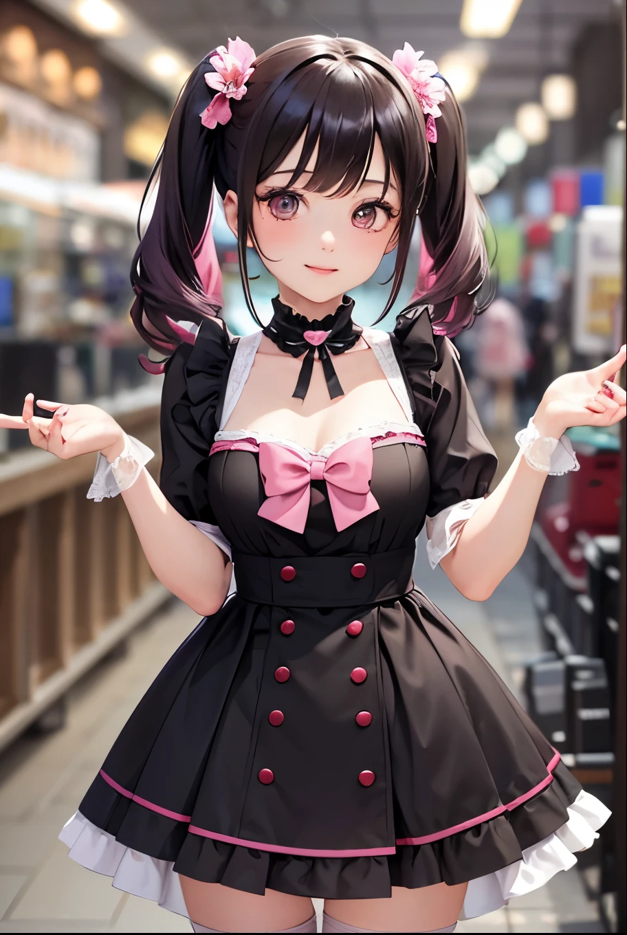 masterpiece, best quality, very detailed, high resolution, expensive resolution, high resolution, 4K, 8k, Unity 8k wallpaper, highly detailed CG, masterpiece, 2D, 3D, beautiful details, depth, fine texture, best quality: 1.3, perfectly focused, crispy skin, he,
Very cute anime girl, two girls who are employees of a night bar, sexy dress, big breasts, expensive pink medium long hair and brown short hair, two girls, night bar, mole under eye, looking at the viewer, expensive, blush, mole, lips parted,, heart, pink eyes, choker