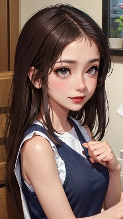 blush a little and smile, (Top quality masterpiece:1.2) Delicate illustrations, Very detailed, /Beautiful Japanese Women、1 person,Very cute and slim、Great style 、((8K images、super high quality))、Very delicate face, Skin and Hair、beautifule forehead、Red lipstick、(((((Mid-length hair、Brown Hair、lure))))),Very cute Japanese cut face、Eyes and nose are clearly visible、Kind eyes,((((Sleeveless fashion))))