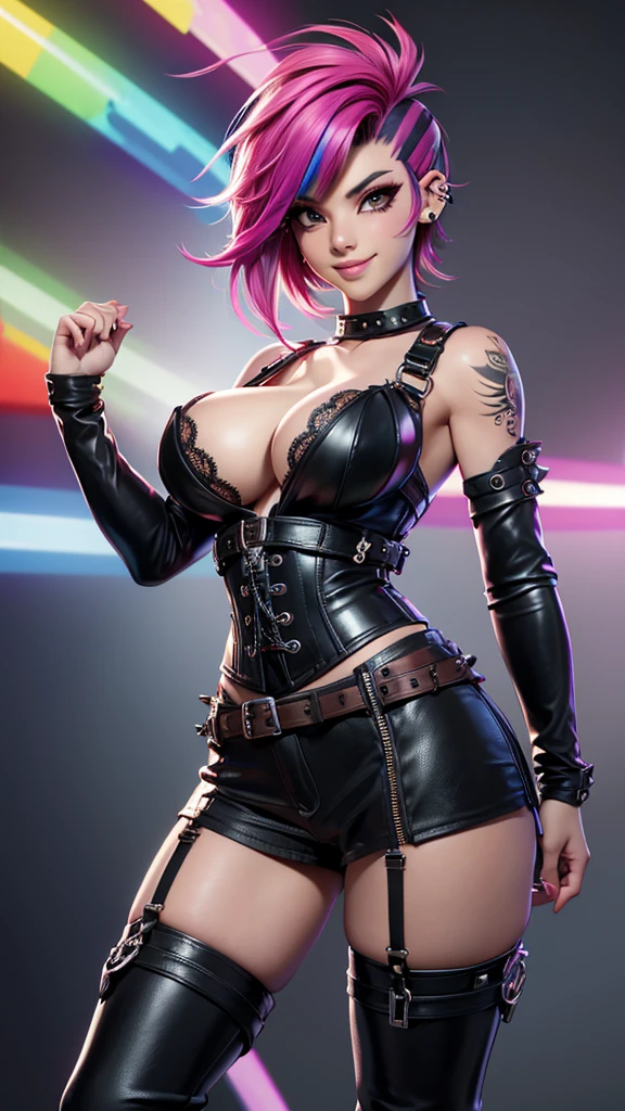 32K UHD quality resolution, rainbow reflections, beautiful and sexy woman, accentuated super huge enormously gigantic , Cleavage showing, wearing lace panties with leather corset and thigh high boots with lots of straps, buckles and zippers, affront, wild messy punk mohawk hair, tattoo sleeves and piercings, sexy seductive horny pose, Full length portrait, Looking forward, looking at the viewer, bright colors, vivid colors, shiny hair, by live, blush, shy smile, short hair, duendecillo hair cut, rainbow hair