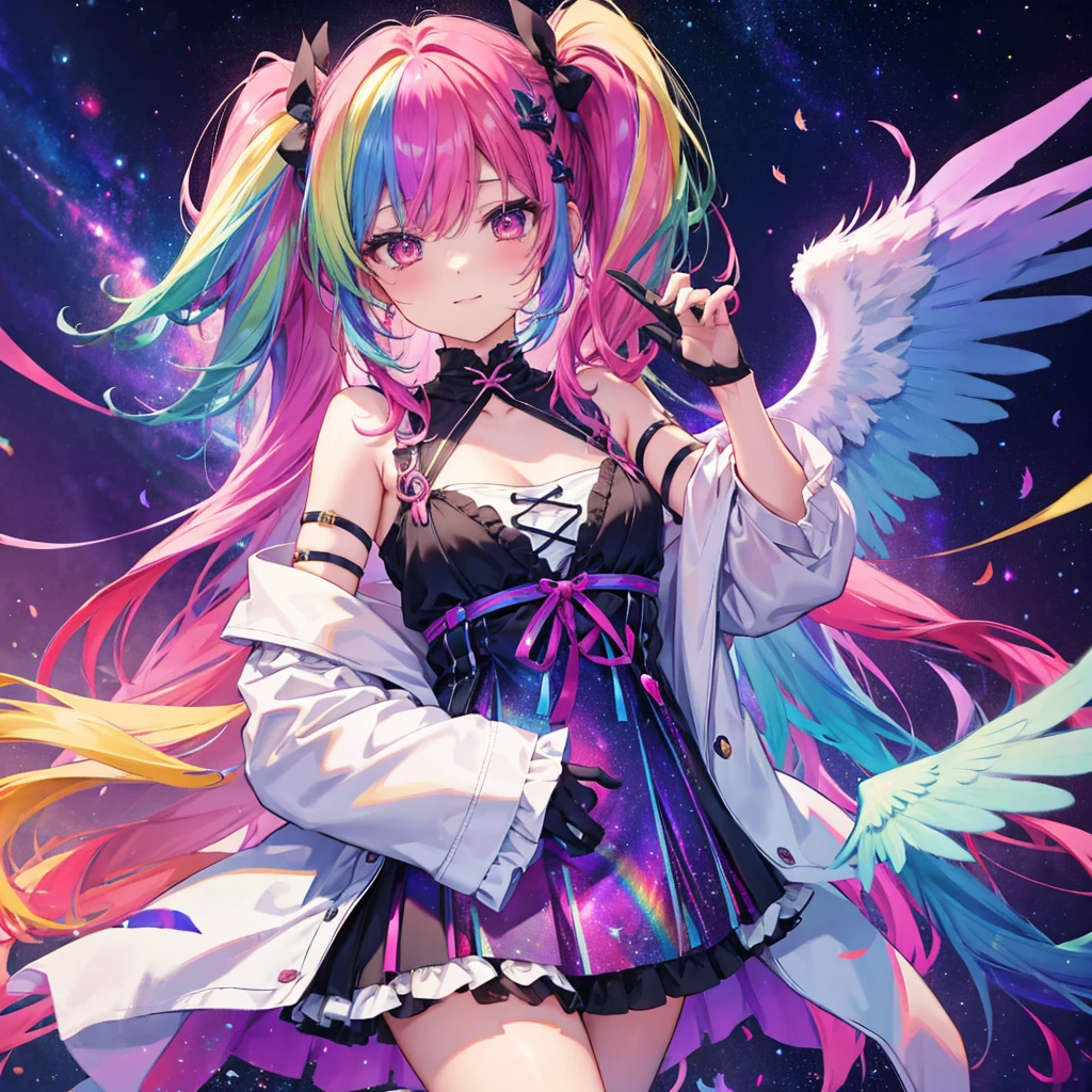 ((Archangel　Fantasy　Rainbow Hair　Make your hair rainbow-colored on the inside　Twin tails　Dull red eyes　There is a galaxy　camisole　Wings many times larger than mine　rainbow gradient feathers　Lonely　Smiling Kindly　front))　((tears　gloves))　(Broken glass　Rolling Pebble　star)　Catch the wind　milky way　Shining Background　Particles of light, rainbow colored edges　star