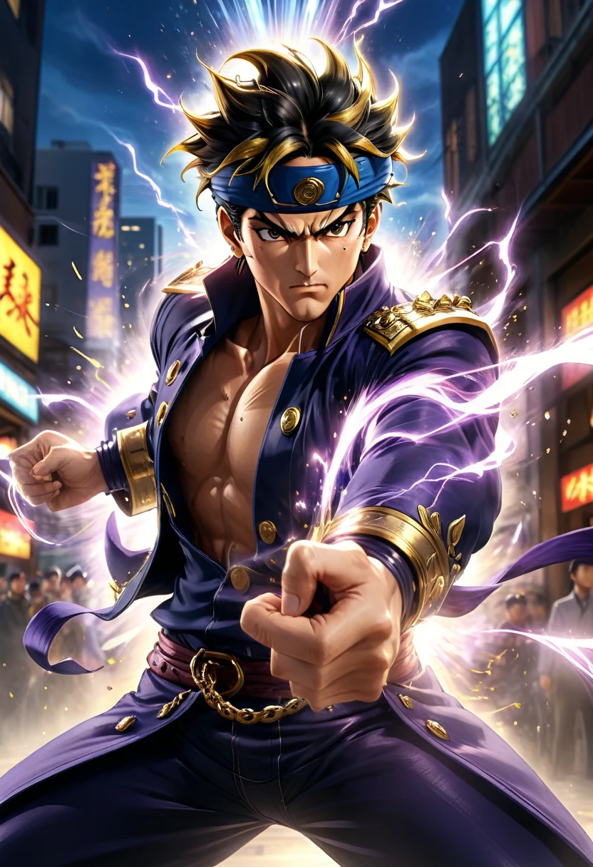 masterpiece, Exquisite detail, Very detailed, Highest quality, Studio Lighting, 4K, 8K, ラッシュpunch,, punch,, Clenched hands,, excessively,, Multiple hands,, Extra Arms, , aura, , Shorthand,, incoming attack,, motion lines,, Speed Line,, Afterimage,, motion_Blurry,, energy, , Shine, KUJO JOTARO, Jojo Style, Male Focus, Lock, Buttonless, Stud Earrings,