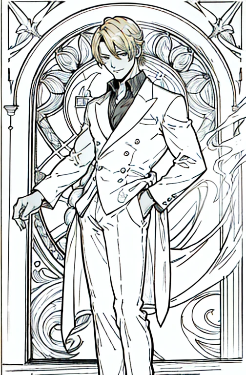 European man's portrait, full body picture, handsome man, straight short hair covering half his face, curly eyebrow, sanji, attractive, blonde, romantic frame, decorative panel. abstract, elegant beauty, gentle, kind, sweet, wearing suit, smoking cigarette, smoking, black suit,
Art by Alphonse Mucha, sketch, character lines and scenes without colors and shadows.
(Masterpiece, Best Quality, Highres:1.4), Detailed, Intricate Details, 4K, color splashes, line art, fibonacci,  Sanji, sanjiop, sanji2, new, new style,