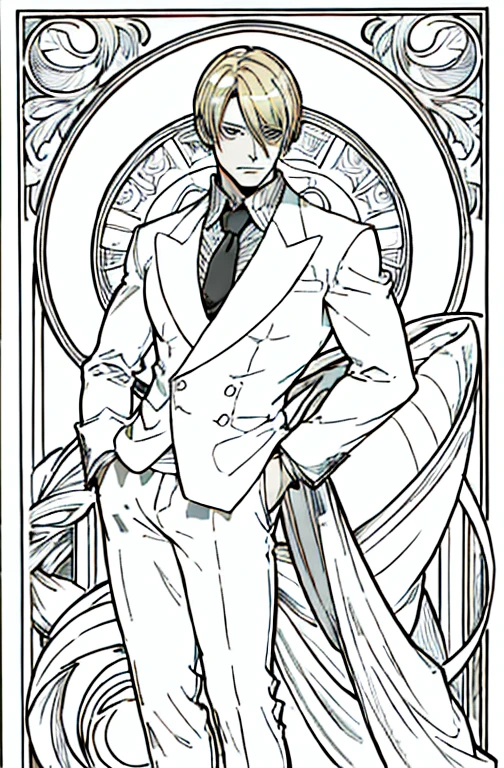 European man's portrait, full body picture, handsome man, straight short hair covering half his face, curly eyebrow, sanji, attractive, blonde, romantic frame, decorative panel. abstract, elegant beauty, gentle, kind, sweet, wearing suit, smoking cigarette, smoking, black suit,
Art by Alphonse Mucha, sketch, character lines and scenes without colors and shadows.
(Masterpiece, Best Quality, Highres:1.4), Detailed, Intricate Details, 4K, color splashes, line art, fibonacci,  Sanji, sanjiop, sanji2, new, new style,