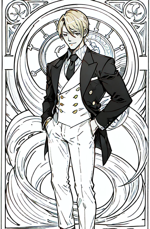 European man's portrait, full body picture, handsome man, straight short hair covering half his face, curly eyebrow, sanji, attractive, blonde, romantic frame, decorative panel. abstract, elegant beauty, gentle, kind, sweet, wearing suit, smoking cigarette, smoking, black suit,
Art by Alphonse Mucha, sketch, character lines and scenes without colors and shadows.
(Masterpiece, Best Quality, Highres:1.4), Detailed, Intricate Details, 4K, color splashes, line art, fibonacci,  Sanji, sanjiop, sanji2, new, new style,