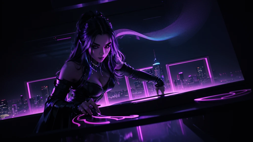 prince of darkness dancing with a beautiful sultry female on top of a skyscraper overlooking a city, that's glowing in the darkness, cyberpunk futuristic city, neon colors, high detail, long shot, wide shot, 4K, 3D, REALISTIC, (iridescent glow smoke), UHD, 32K, very bold neon colors, black light, neon light