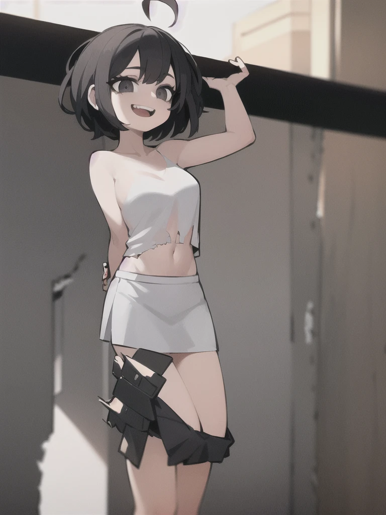 ((masterpiece, best quality)), (1girl), (solo), (female focus), (ahoge, white/black hair, short hair), black eyes, light smile, open mouth, ((torn shirt), , ((naked skirt), (( naked skirt)), standing, white background, arms behind back, dynamic angle