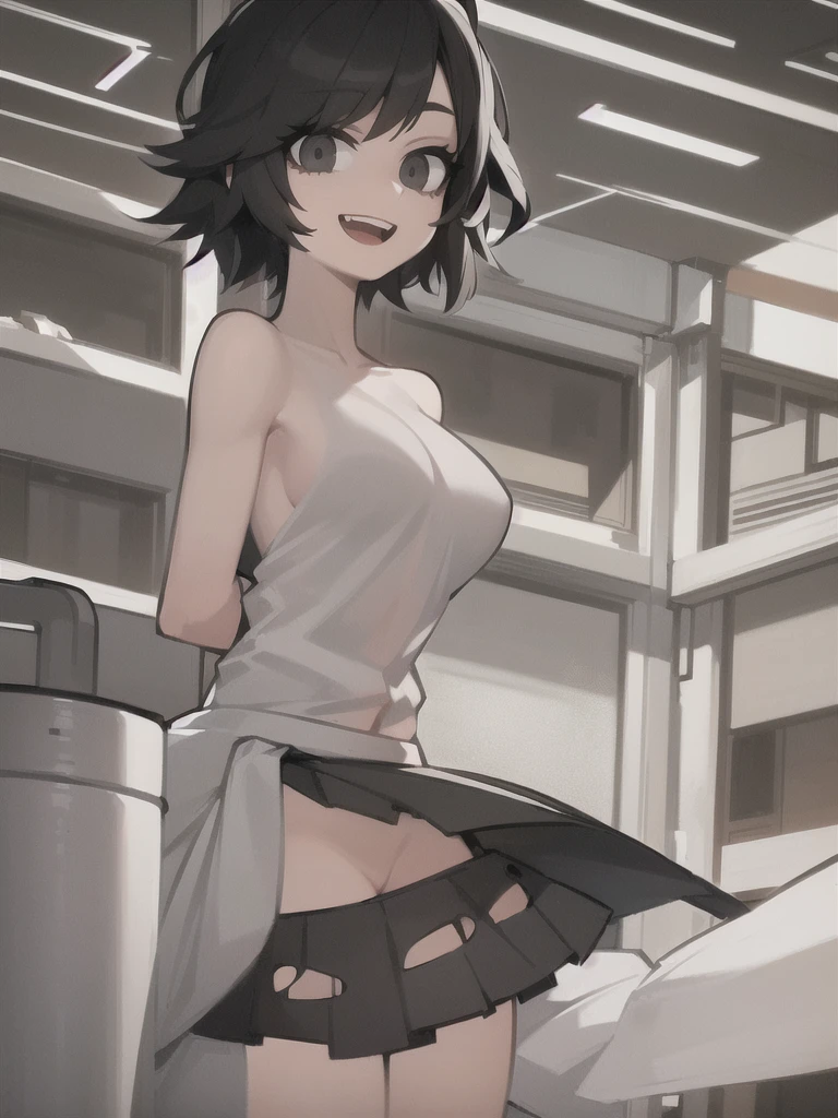 ((masterpiece, best quality)), (1girl), (solo), (female focus), (ahoge, white/black hair, short hair), black eyes, light smile, open mouth, ((torn shirt), , ((naked skirt), (( naked skirt)), standing, white background, arms behind back, dynamic angle