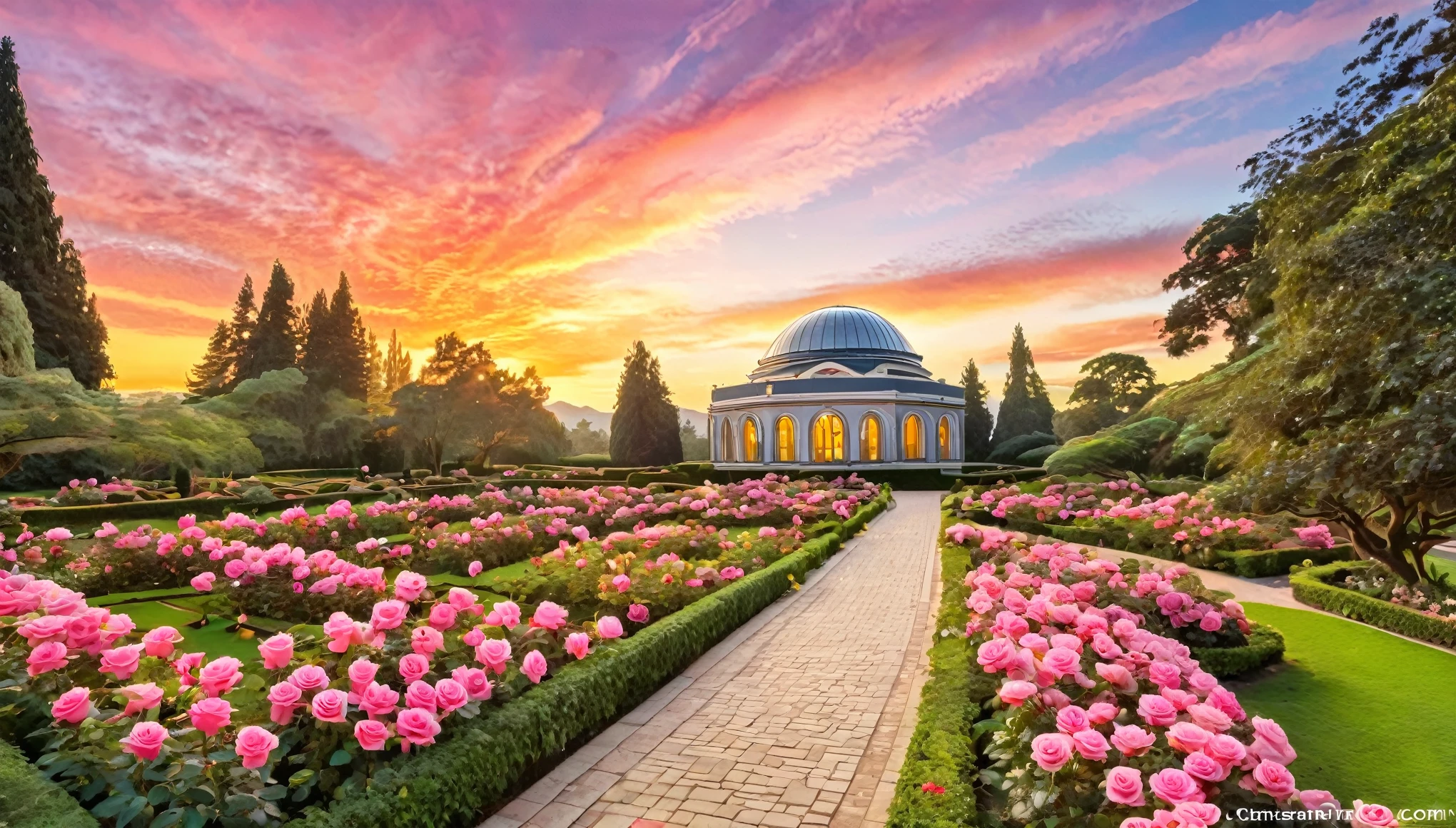 A breathtaking scene of a vast rose garden in full bloom, featuring vibrant pink roses arranged in neatly manicured bushes. The garden pathways wind through the lush rose beds, leading to an elegant observatory building with a dome. The background showcases a stunning sunset with a colorful sky, casting a warm, golden glow over the entire landscape. The surrounding mountains and trees add to the serene and picturesque atmosphere.