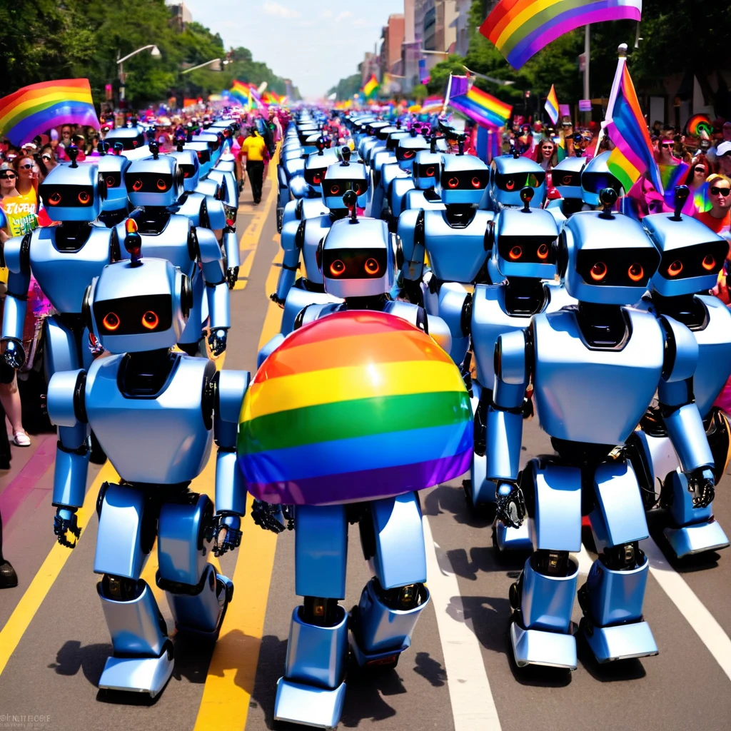 many robots marching in a gay pride march one holds a rainbow flag