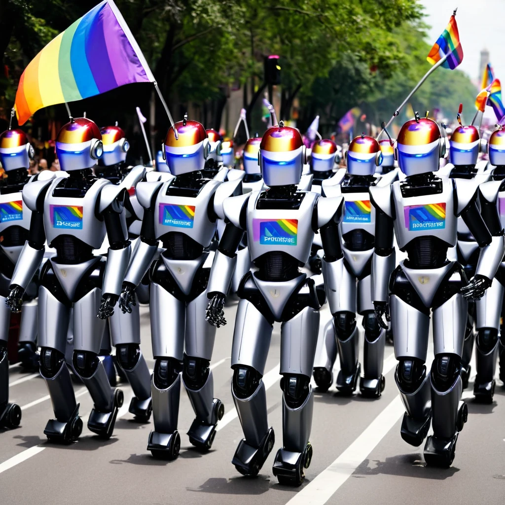 many robots marching in a gay pride march one holds a rainbow flag