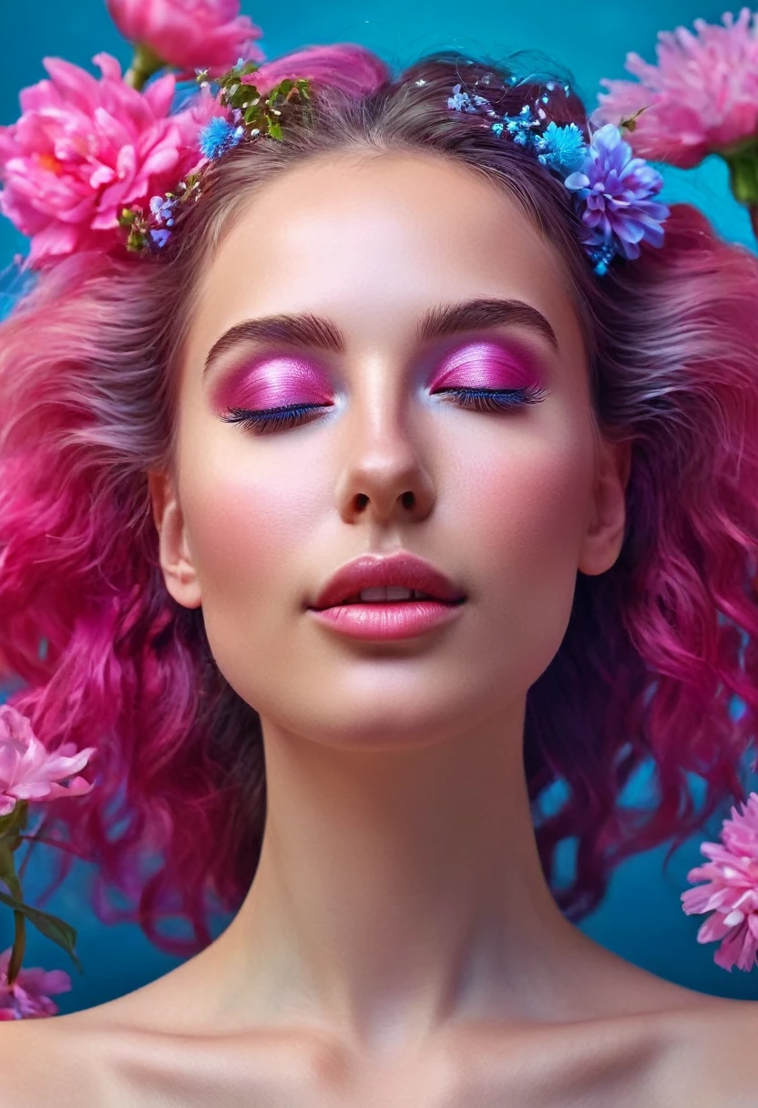 Hyperreal surreal portrait of a woman, digital artwork by Christian Hilfgott Brand, woman portrait, surreal, Hyper realistic, 8K resolution, high definition, detailed facial features, vibrant colors like pink and blue, dreamlike atmosphere, flowers in hair, gentle smile, closed eyes, mystical expression, ethereal quality, realistic texture. cinematographic photography