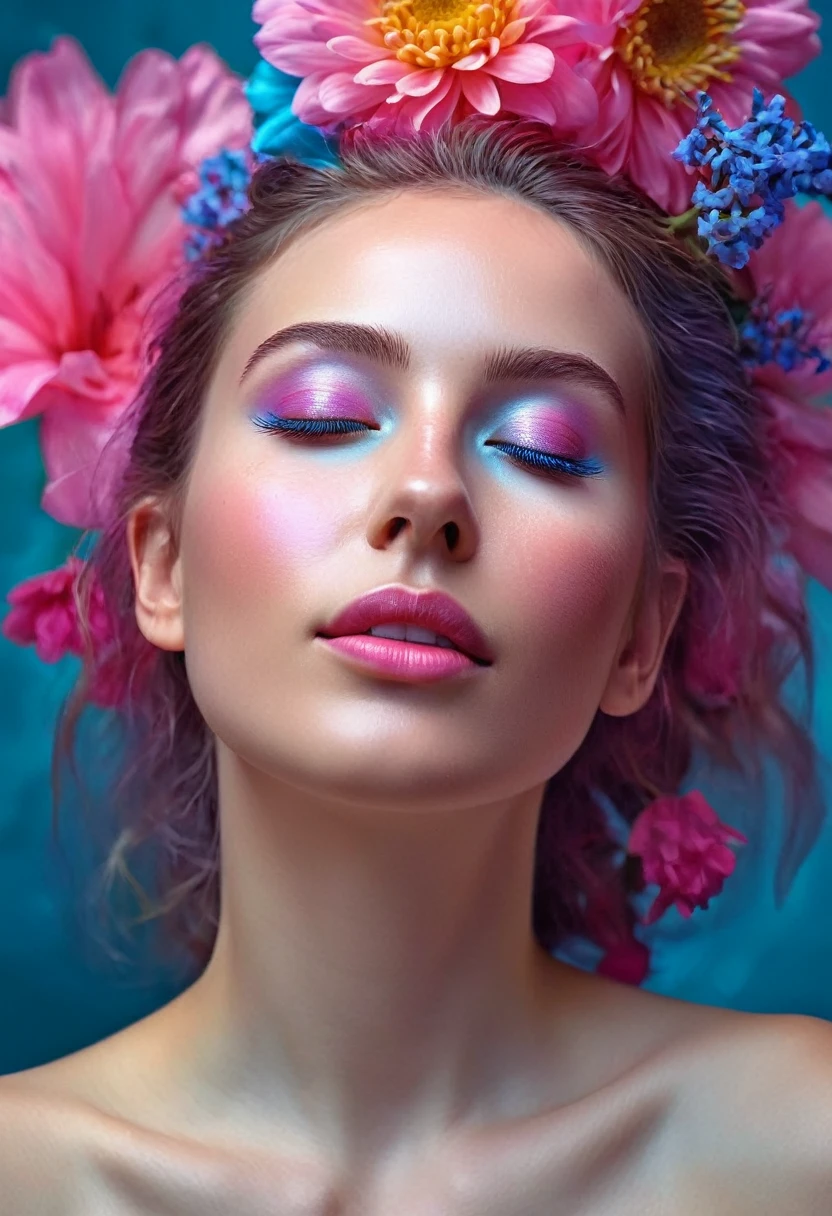 Hyperreal surreal portrait of a woman, digital artwork by Christian Hilfgott Brand, woman portrait, surreal, Hyper realistic, 8K resolution, high definition, detailed facial features, vibrant colors like pink and blue, dreamlike atmosphere, flowers in hair, gentle smile, closed eyes, mystical expression, ethereal quality, realistic texture. cinematographic photography