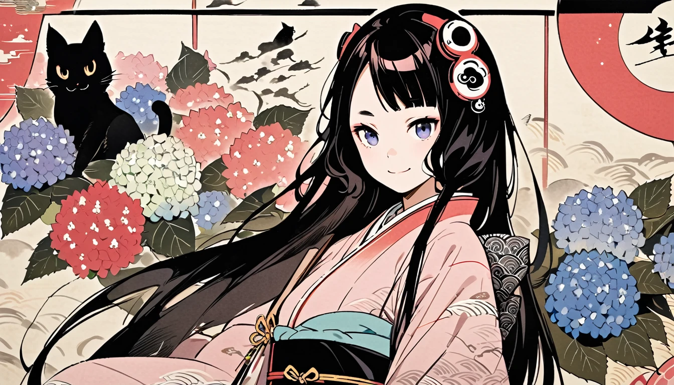 Highest quality, Katsushika Hokusai, Ink Painting, (((very straight longhair))), (((hydrangea))), (((Pale pink kimono))), (((smile))), (((One black cat))), Patterned headphones, beautiful girl, Black Hair, Delicate and precise, Modern ukiyo-e style