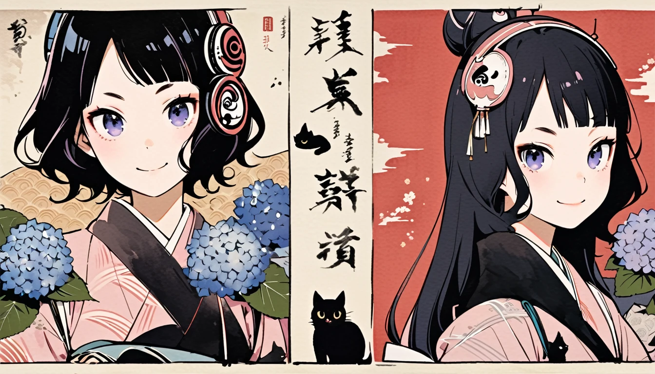Highest quality, Katsushika Hokusai, Ink Painting, (((very straight longhair))), (((hydrangea))), (((Pale pink kimono))), (((smile))), (((One black cat))), Patterned headphones, beautiful girl, Black Hair, Delicate and precise, Modern ukiyo-e style