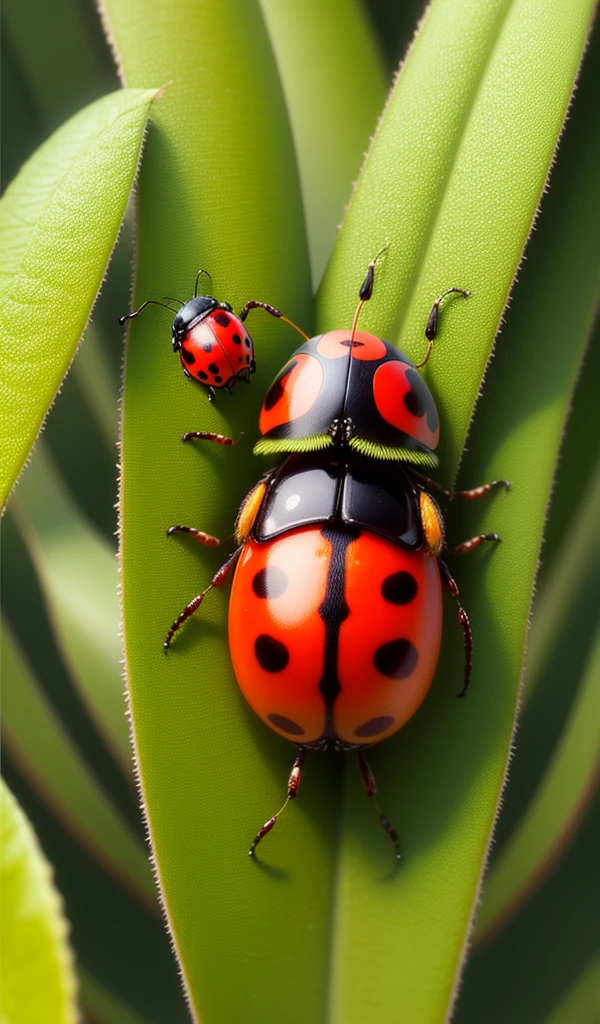 A macro shot of a vibrant red ladybug on a green leaf with detailed textures and soft focus background.