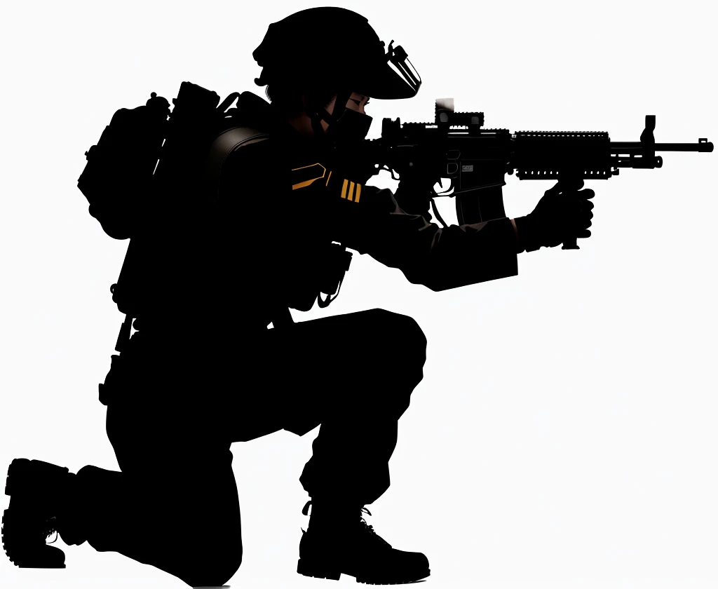 Silhouette of a soldier holding a gun, 人物contour, 详细contour, Black silhouette, White background上孤立, White background, Full body close-up, Soldier with gas mask, Single silhouette, High-quality images, 人的contour, Logo without text, 人体contour, 一个男人的contour, contour, HD illustrations