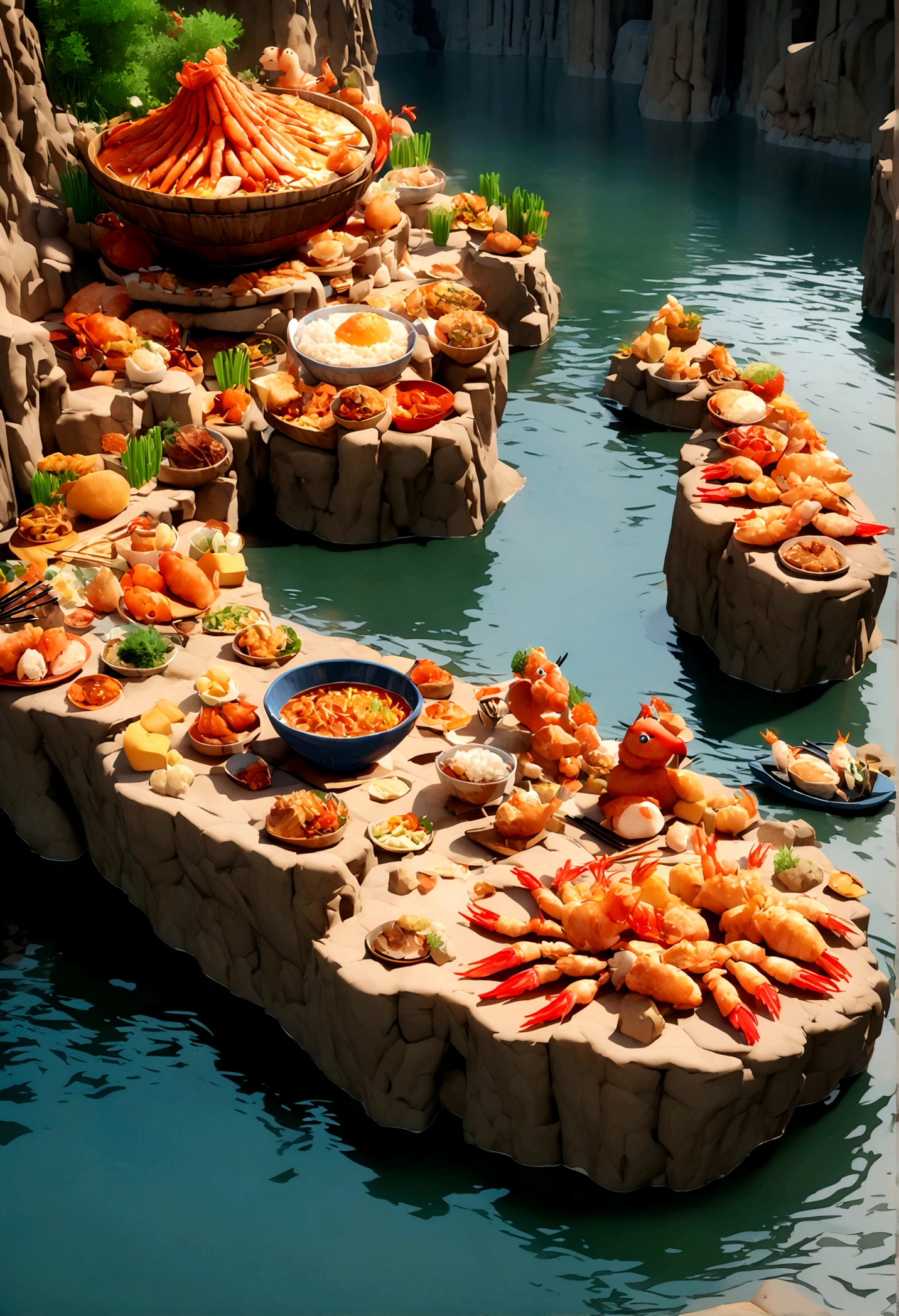 "Generate a 3D-style image with a central white river that looks like it's bordered by orange-red shrimp soup. On the cliffs surrounding the river, there are various food sculptures made of different sizes of stones. Some sculptures are made of shredded chicken, some are chives, and others are shrimp. The entire scene should have a cliff structure, but the food should look appetizing and delicious, not too abstract. Add a spoon and chopsticks in the river, forming a boat that appears to be gliding on the water."