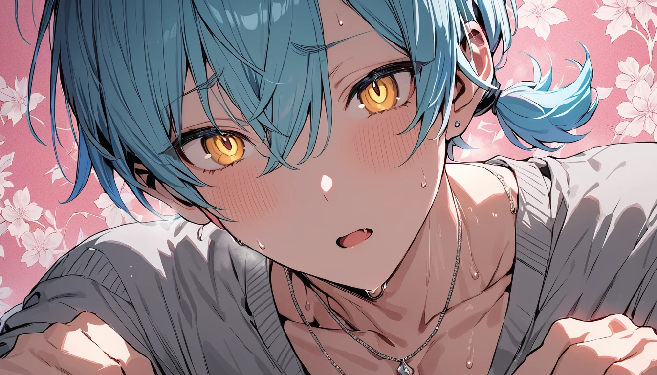 ((((best masterpiece, best quality, wallpaper,)))) solo, guy, male body, small muscles, flat chest, 1male, 30 years old, handsome man, dramatic angle, upper body, looking at viewers, beautiful detailed, mediumturquoise hair, ((((Lower short ponytail)))), asymmetrical bangs, ((short hair,)) blush stickers, sweat, (((perfect face, extremely detailed eyes,))) ((( jitome, gold eyes, ^o^, tareme, droopy eyes,))) perfect hands, sharp nose, clear face, black turtleneck, grey cardigan, ((silver piercing, pendant,)) leggings, pink background color ultrasharp, 8K, masterpiece,