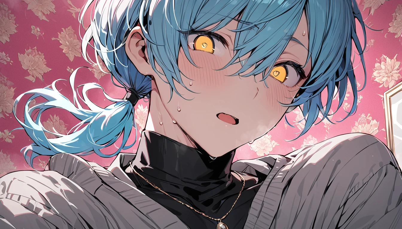 ((((best masterpiece, best quality, wallpaper,)))) solo, guy, male body, small muscles, flat chest, 1male, 30 years old, handsome man, dramatic angle, upper body, looking at viewers, beautiful detailed, mediumturquoise hair, ((((Lower short ponytail)))), asymmetrical bangs, ((short hair,)) blush stickers, sweat, (((perfect face, extremely detailed eyes,))) ((( jitome, gold eyes, ^o^, tareme, droopy eyes,))) perfect hands, sharp nose, clear face, black turtleneck, grey cardigan, ((silver piercing, pendant,)) leggings, pink background color ultrasharp, 8K, masterpiece,