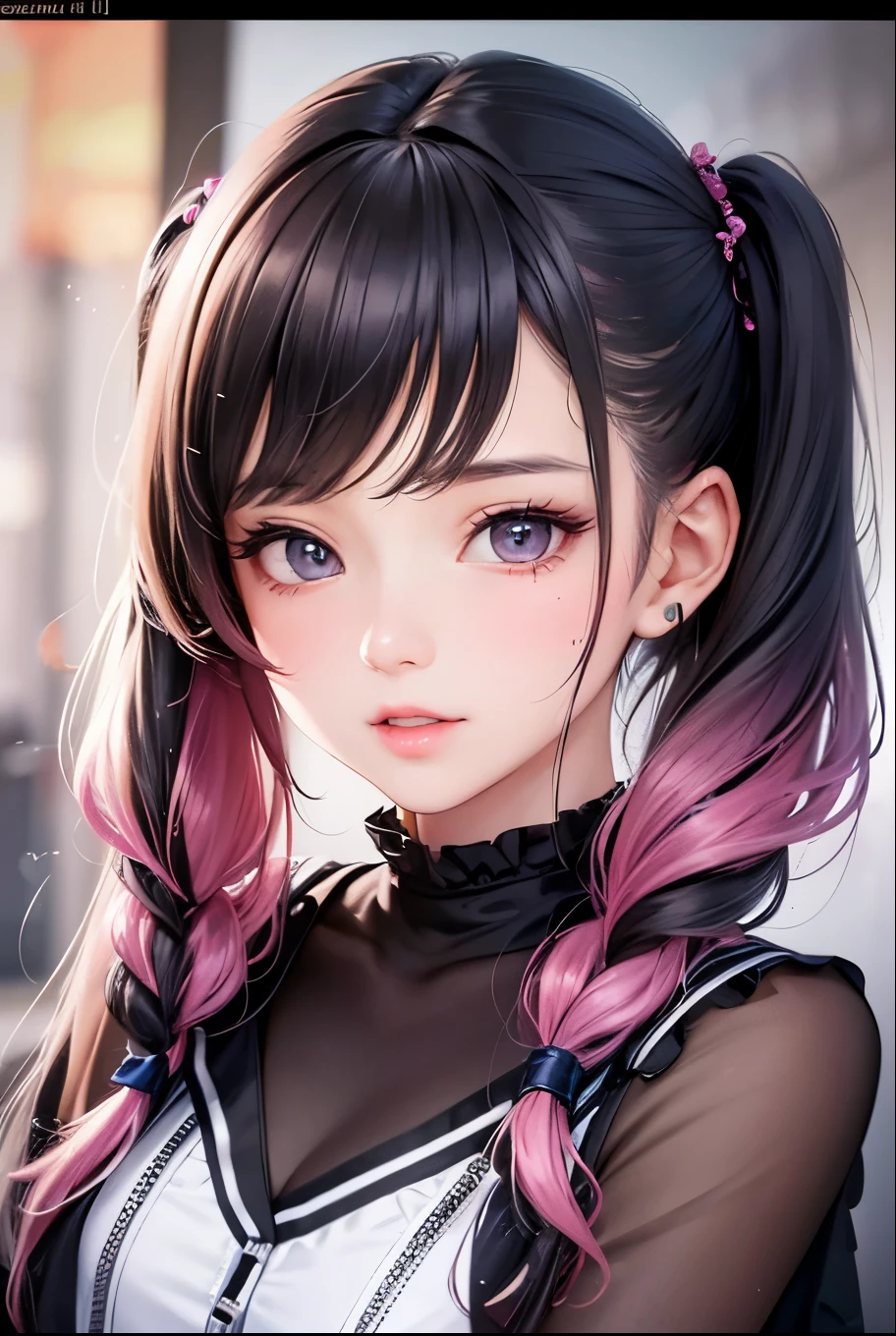 masterpiece, best quality, highly detailed, high resolution, expensive resolution, high resolution, 4k, 8k, uniform 8k wallpaper, highly detailed CG, masterpiece, 2d, 3d, beautiful details, depth, fine texture, best quality: 1.3, perfectly focused, sharp. skin, him, very cute anime girl, her name is Mei, short pigtails, idol, in the rain, expensive pink short pigtails, mole under eye, looking at the viewer, expensive, blush, mole, open lips, pink eyes, heart shaped choker, smiling face