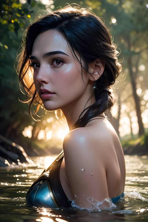 close up portrait of a young woman (gal gadot) bathing in a river, reeds, (backlighting), realistic, masterpiece, highest quality, lens flare, shade, bloom, [[chromatic aberration]], by Jeremy Lipking, by Antonio J. Manzanedo, digital painting,
